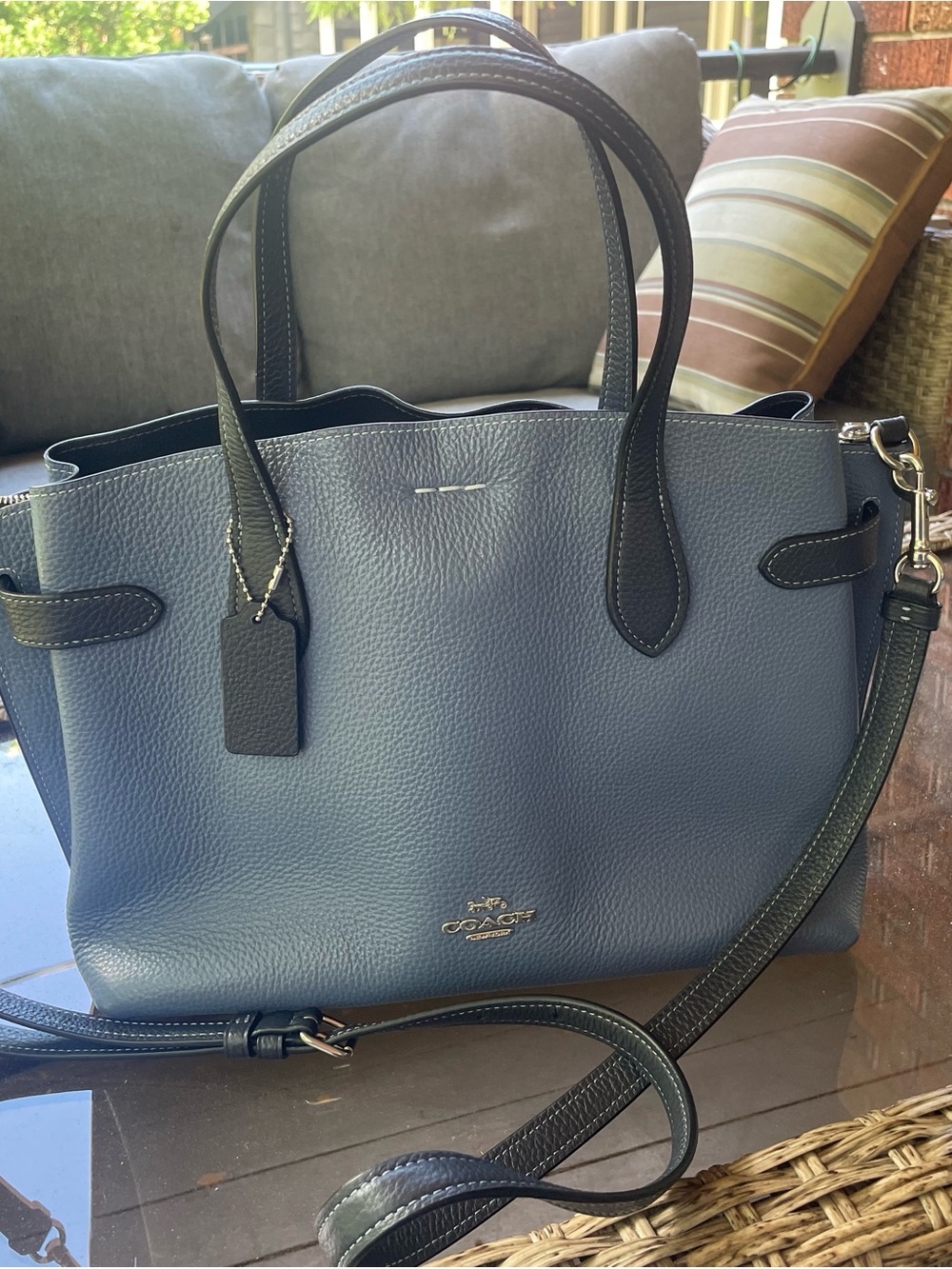 Coach Blue Pebbled Leather Tote with Black Trim